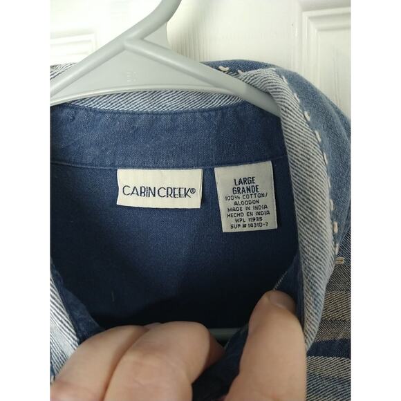 Cabin Creek Woman L Shacket Lightweight Denim Look Striped Button Sleeve - Picture 2 of 9